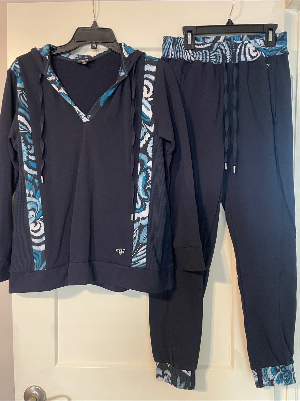 Johnny Was Navy Track Pants & Joggers with Blue White Patterned Trim
